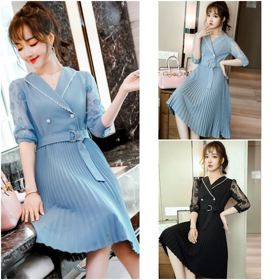 【取寄：納期2週間】半袖ワンピース 大きいサイズ XL-4XL レース袖 春服 プリーツスカート ミドル丈