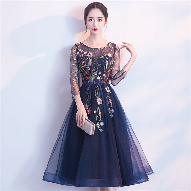 イブニングドレス レディース ドレス パーティードレス 花柄ワンピース ロングワンピース フレアワンピース透け感 花柄刺繍 五分袖 Aライン 大きい裾 ハイウエスト きれいめ 着痩せ おしゃれ 体型カ