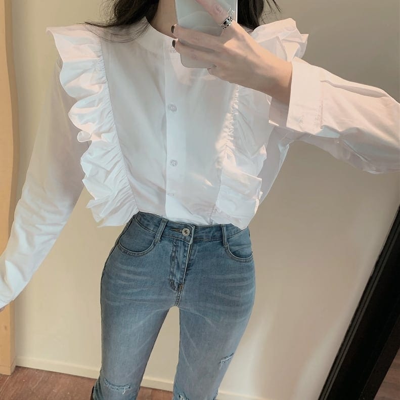 トップス シャツ ブラウス 袖あり 長袖 ボリューム袖 バンドカラー フリル ガーリー かわいい 大人可愛い ピンタック きれいめ カジュアル 大人 おしゃれ お洒落 レトロ 大人可愛い wto064