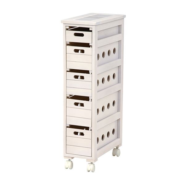 桐製 キッチンストッカー/台所収納 幅20奥行40高さ79cm ホワイトウォッシュ 木製 キャスター 引き出し 天板タイル付き