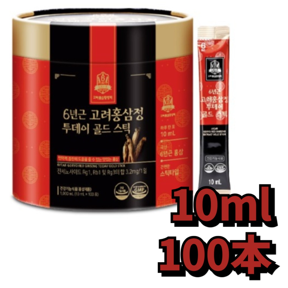 高麗紅参中央会 6年根 高麗紅参エキス トゥデイゴールドスティック 10ml×100本 + ショッピングバッグ免疫力 健康食品 ギフト 人気