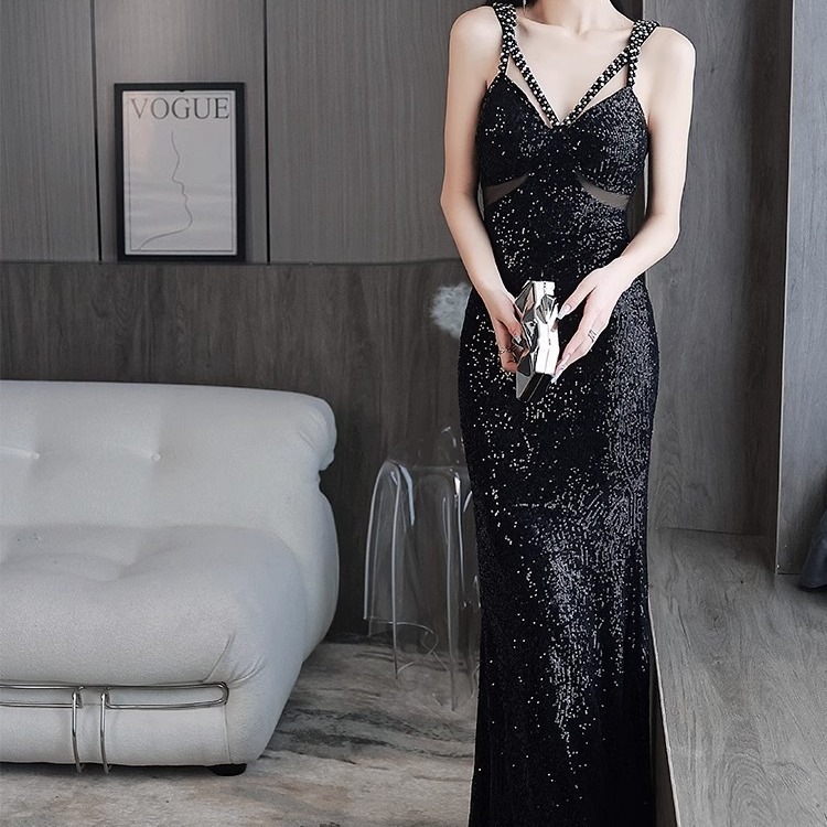 ブラックスパンコールサスペンダーフィッシュテールイブニングドレスハイエンド卒業ホストバンケットカーショードレスロングスカート