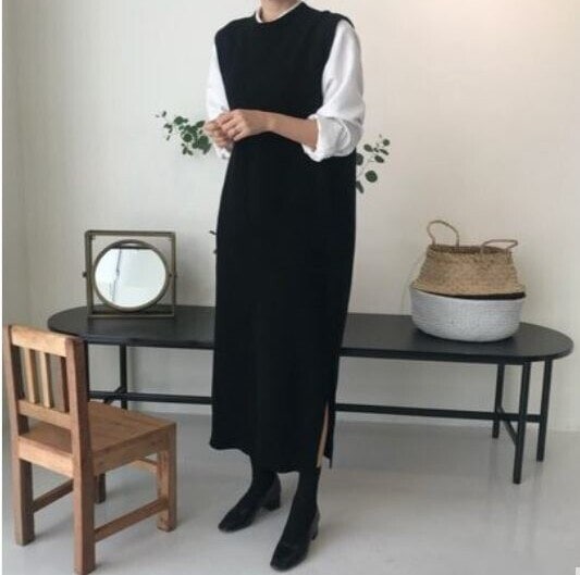 2色 ワンピース 長袖 秋冬 カジュアル ニット ワンピ ニットスカート ミモレ丈 ロング丈 ボリューム袖 Uネック ラウンドネック 襟なし ストレート Iライン 切り替えデザイン ドッキング サイドその他 ワンピース・ドレス