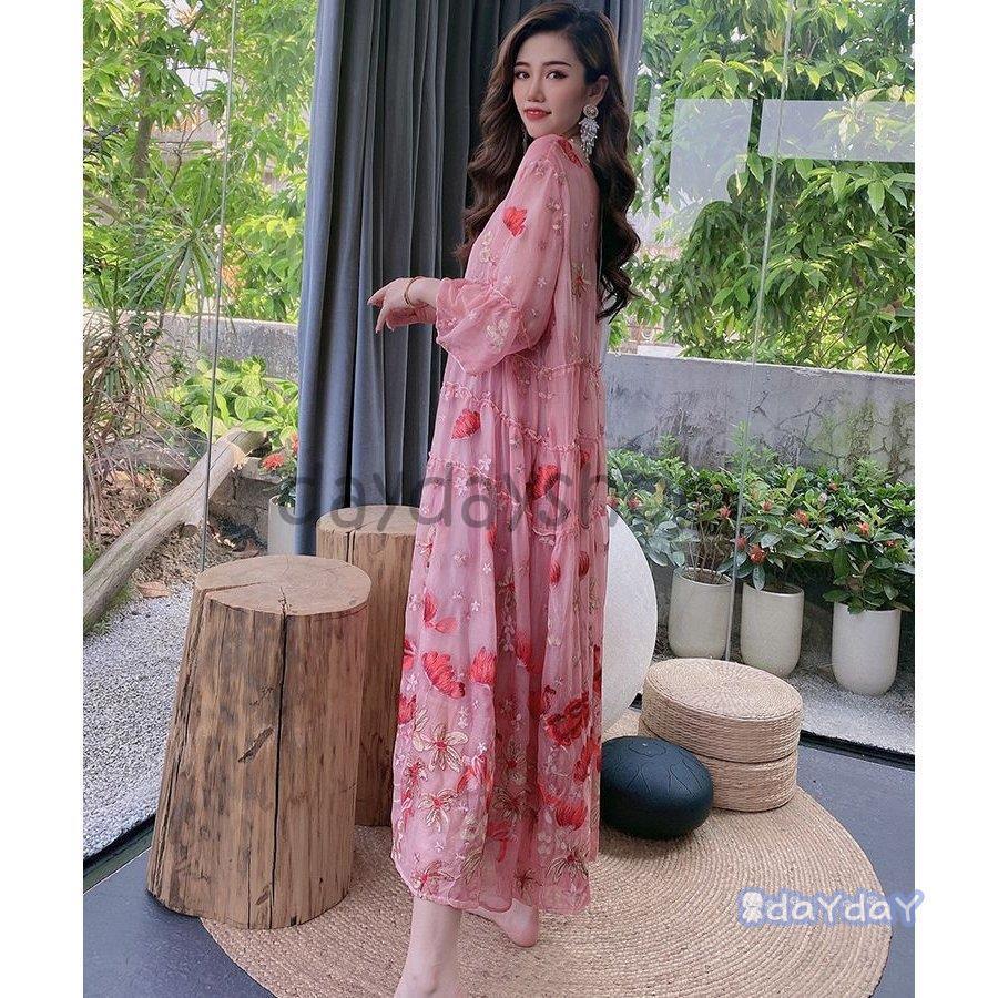 ワンピース ラウンドネック ティアードスカート 花柄 7分袖 袖フレア 透け感 とろみ ロングワンピース 刺繍 アジアンテイスト ふんわり