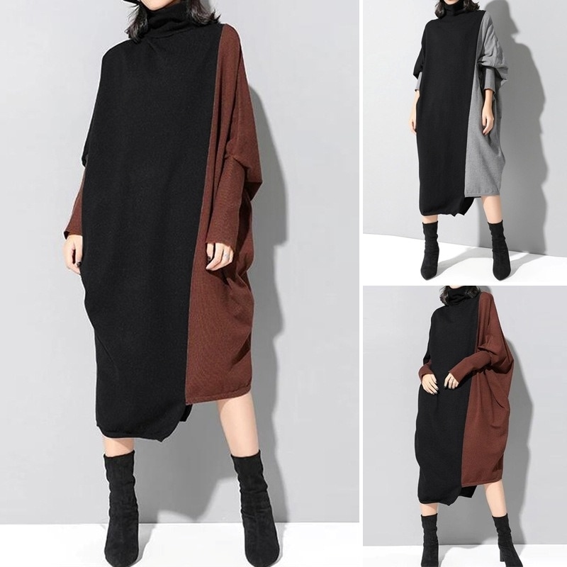 ワンピース レディース ロングワンピース チュニック カットソー ニットワンピース アシンメトリー バイカラー ハイネック きれいめ カジュアル 大人 おしゃれ フォーマル とろみ感 春 秋 冬