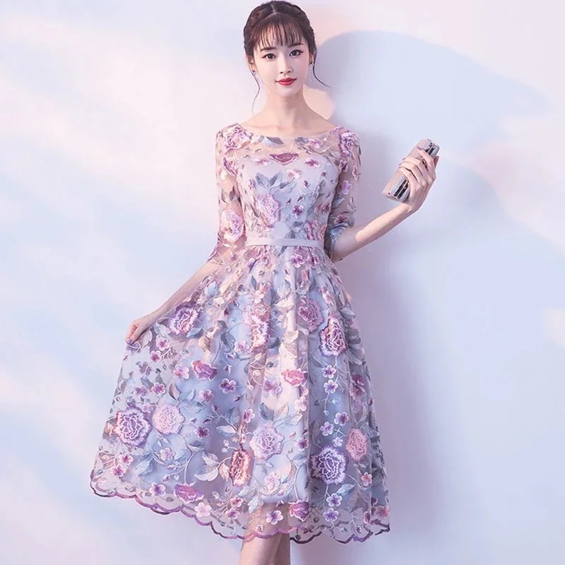 1473.花柄Aラインミモレ丈ドレス（パープル）二次会ドレス 花嫁 パーティドレス 結婚式 二次会 ドレス 成人式 忘年会 披露宴 お呼ばれドレス 2019 春夏 sale