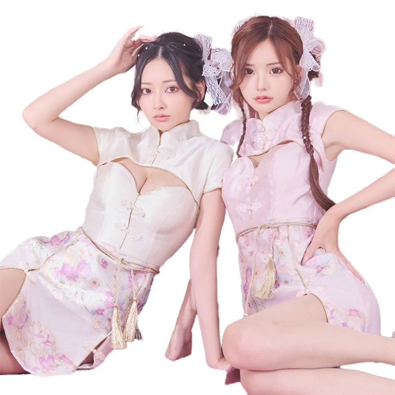 【SMLサイズ/2カラー/2点セット】バストカット スリット 美胸 谷間魅せ 花柄 美脚 チャイナドレス チャイナ服 ミニ コスプレ [1269]