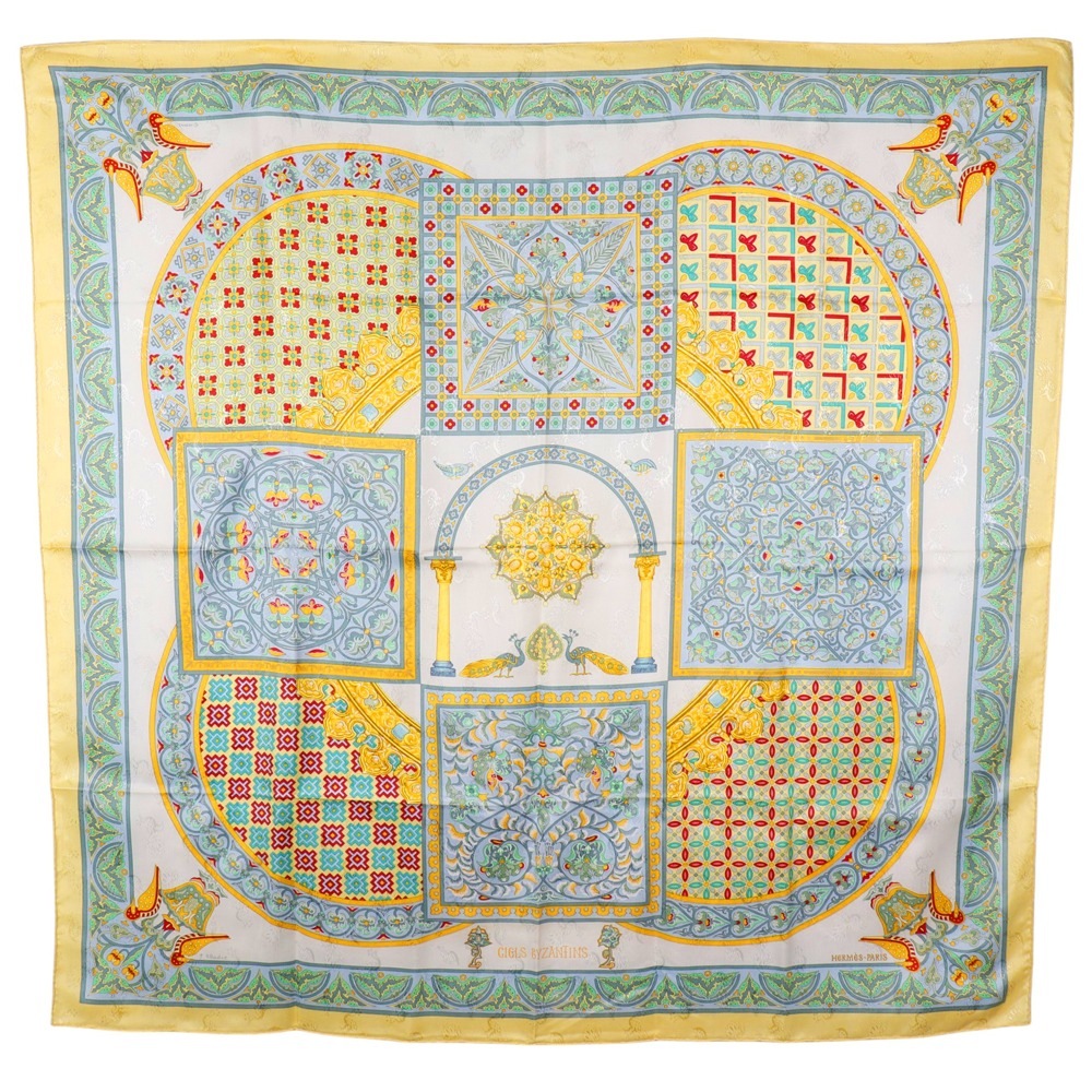 カレ90 CIELS BYZANTINS ビザンチンの空 スカーフ シルク 黄 レディース 中古品 A+ランク