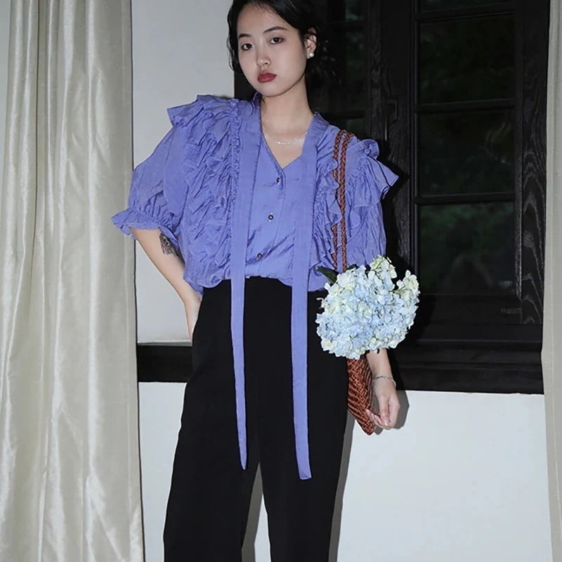 フリルブラウス 長袖/半袖 ボリューム リボンブラウス 紫 Vネックトップス オフィス デート服 シャツ