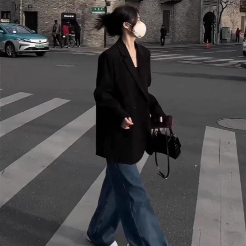 ハイエンドブラックブレザー女性女性と冬のための秋の贈り物のための新しいルーズフィット小柄なスーツ実用的なジャケット毎日 ライト オン