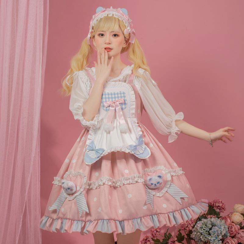 ロリータ メイド服 ワンピース エプロン付 ジャンパースカート ショート丈 メイド お姫様 ロリータドレス 姫 クマ ぬいぐるみ
