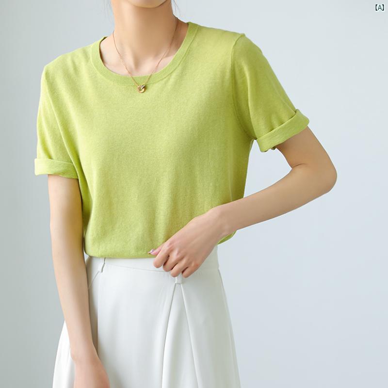 レディース ファッション　レディース　カジュアル　上品　綺麗　外出 クリア ラウンドネック 半袖 Tシャツ 夏 キャンディー T 薄手 冷感 コットン リネンニット ボトムトップ ブルー