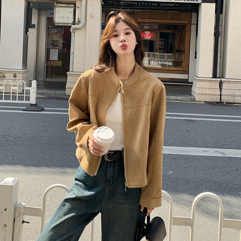 カーキスエードジャケット女性ショート2024春新作韓国レトロカジュアルファッションデザインセンスジャケット