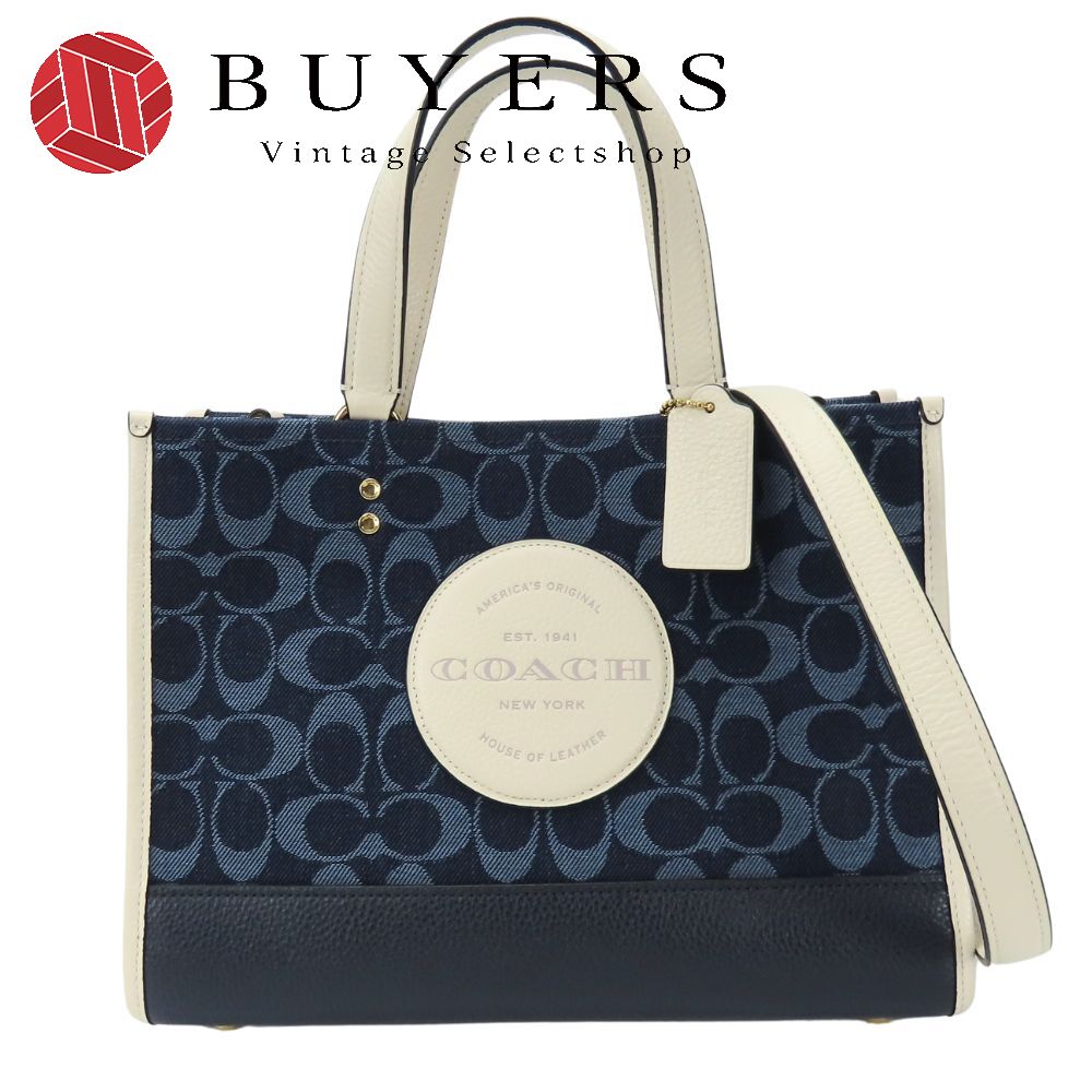 中古 美品 トートバッグ C2826 デンプシー シグネチャー キャンバス レザー ネイビー ホワイト 2WAY ショルダー レディース 女性