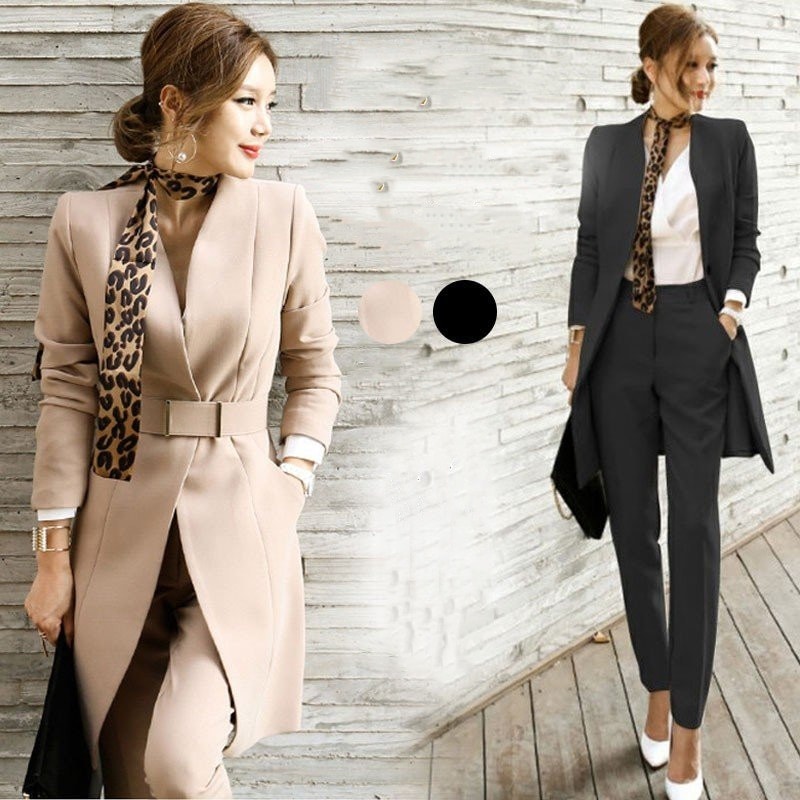 パンツスーツ レディース セットアップ スーツパンツ ロングコート 長袖 ベルト付き フォーマル 無