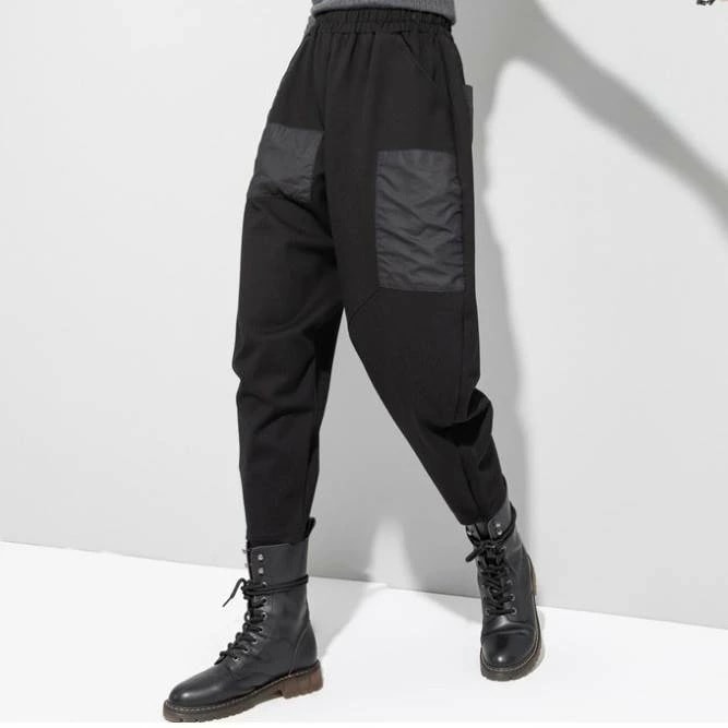 お安く提供ボトムス パンツ レディース 黒 無地 カッコイイ 個性的 クール S M L XL 2XL 大きいサイズ ゆったり テーパードパンツ ドロップクロッチ ブラック クロップド丈 異素材MIX