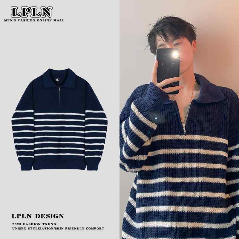 トップス メンズ セーター 大きいサイズ ストリート おしゃれ 長袖 セーター 春秋 韓国 レトロ カジュアル ハーフ ジップ ストライプセーター