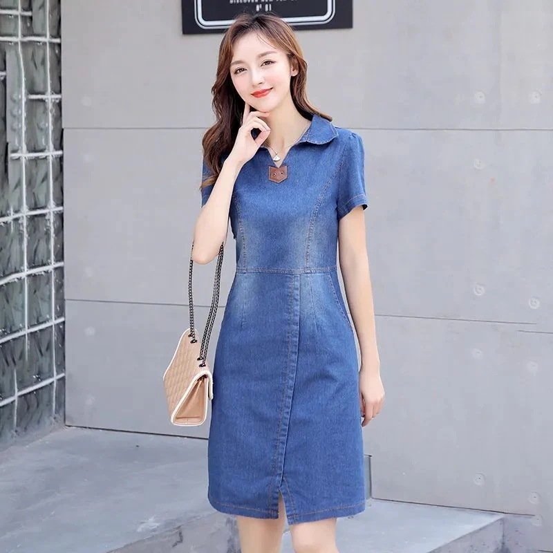 大きいサイズレディースデニムワンピース2024夏韓国版ミドル丈ウエスト引き締め太mmお肉カバー着痩せ半袖aラインスカート