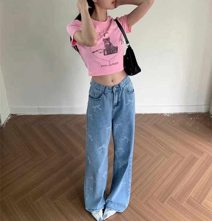 リボンデザイン デニムパンツ レディース ジーンズ デニム パンツ ハイウエスト リボン カジュアル ストレート ストレートジーンズ お洒落 可愛い 春 夏 ブルー 青 韓国ファッション