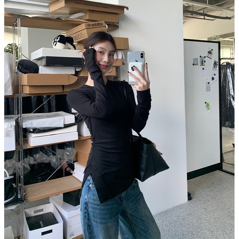 秋着痩せ甘辛不規則スリットスリットトップス