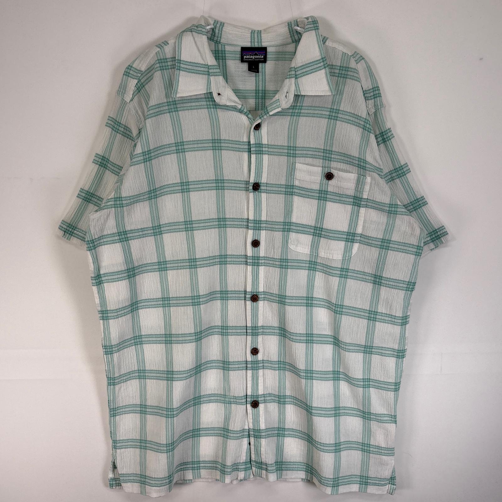 古着 半袖シャツ アロハ 胸ポケ ワンポイント ロゴ L グリーン系 チェック メンズ