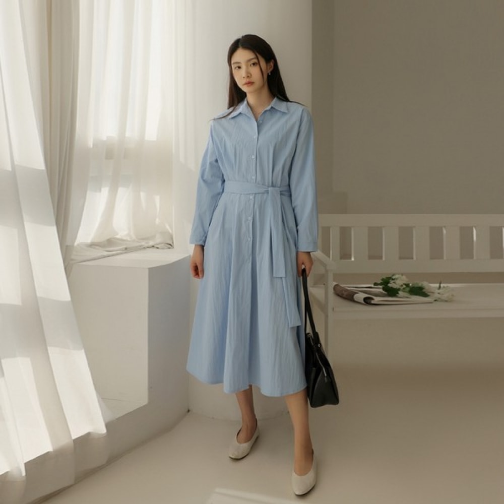 [Elysia] タービベルト付きシャツカラーロングワンピース
