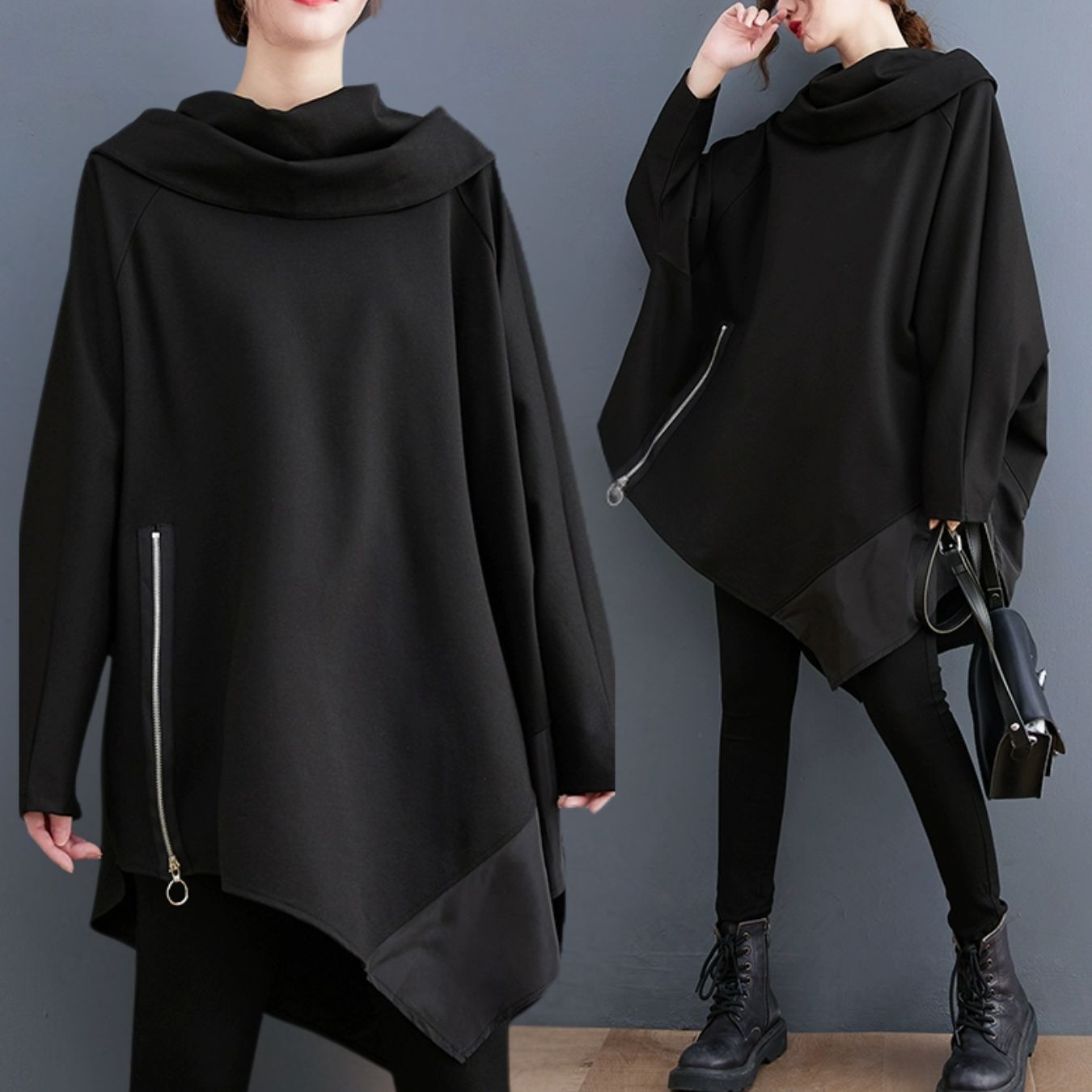 ワンピース チュニック レディース ミドル丈 長袖 ケープ襟 アシンメトリー フェミニン サイドジップ ファスナー ジップアップ 立体感 シンプル カジュアル おしゃれ かっこいい レトロ こなれ感