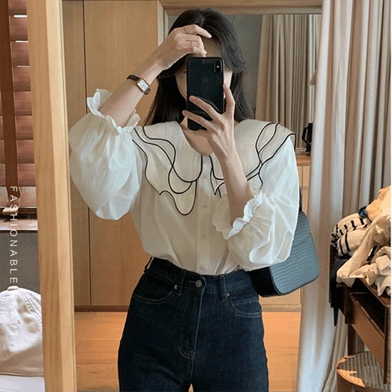 ブラウス ビックカラー フリル トップス レディース デザインカラー フリル袖 春 長袖