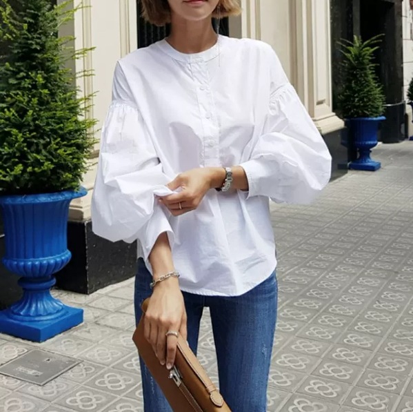 トップス ブラウス 長袖 ドロップショルダー ボリュームスリーブ ノーカラー デザイン ボタン 美ライン 軽やか カラバリ スタイルアップ ナチュラル かわいい 大人可愛い きれいめ シンプル