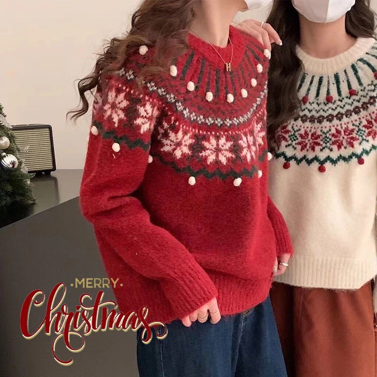 セーター レディース クリスマス セーター ニット セーター 長袖 雪柄 トップス ゆったり クリスマス服 秋冬 クルーネック パーティー トップス プルオーバー 柔らかい 暖かい 保温防寒 ストレッ