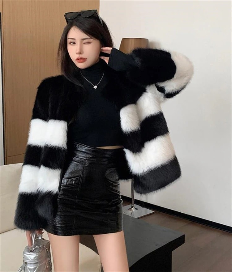 激安セール 怠惰な風 黒白撞色 キツネ毛 新作 修身 気質 ギャザリング コート ショート チェスターコート 毛皮