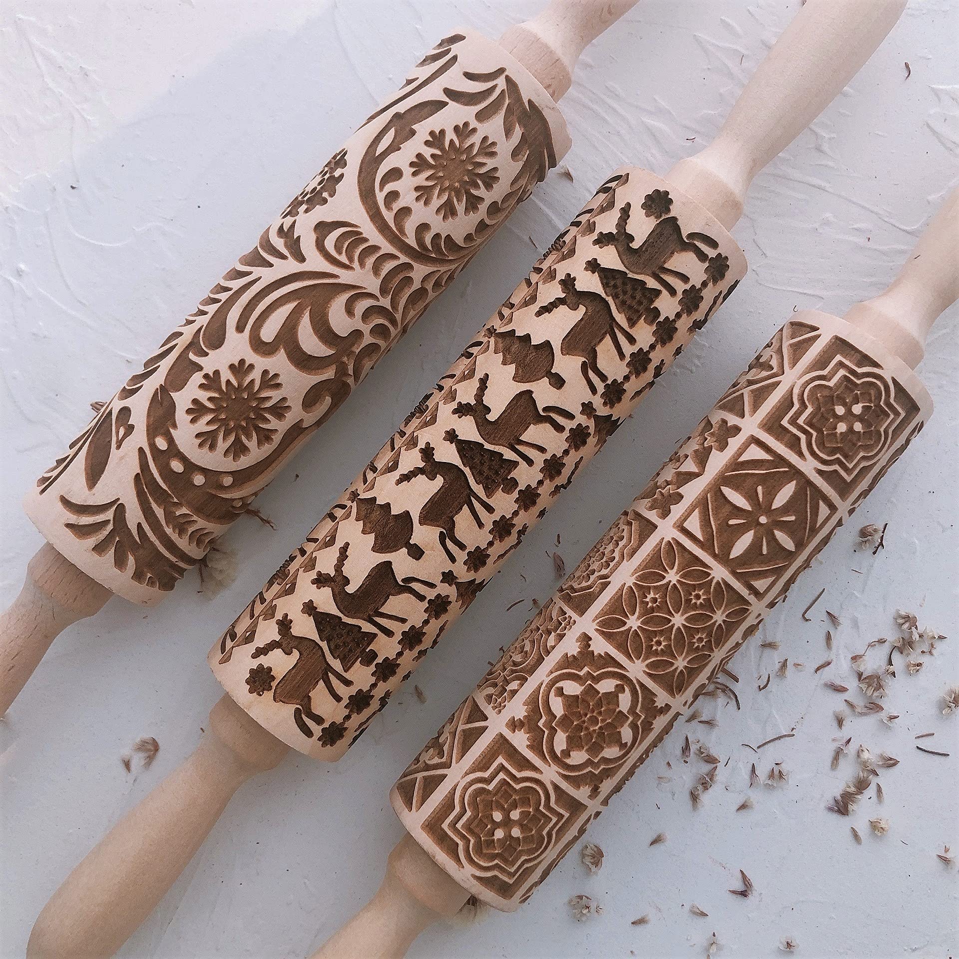 D-MASTERY 【刻印が深め】クッキーローラー クッキー型 麵棒 模様 ローリングピン かわいい ビスケット型 手作り 焼菓子 ハンドメイド おしゃれ 料理教室用 (お得な3本セット)