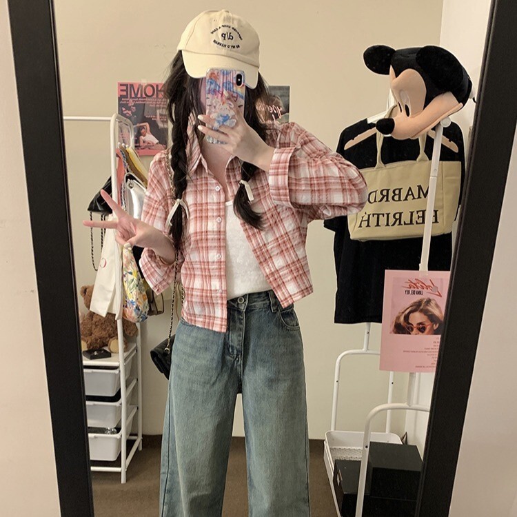 トップス シャツ ショート 長袖 襟付き ボタンダウン 前開き アメカジ 大人可愛い カジュアル おしゃれ かっこいい こなれ感 ラフ マニッシュ レディース 20代 オルチャン チェック お出かけ