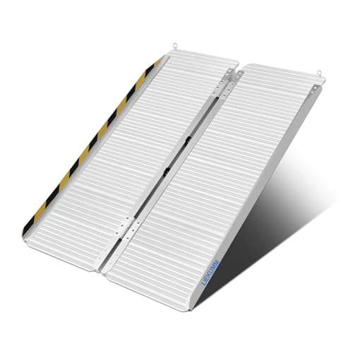 LIEKUMM 車椅子 スロープ 長さ121cm 幅広76cm 段差スロープ 耐荷重300kg 軽量アルミ製 折りたたみ 滑り止め ハンドル付き