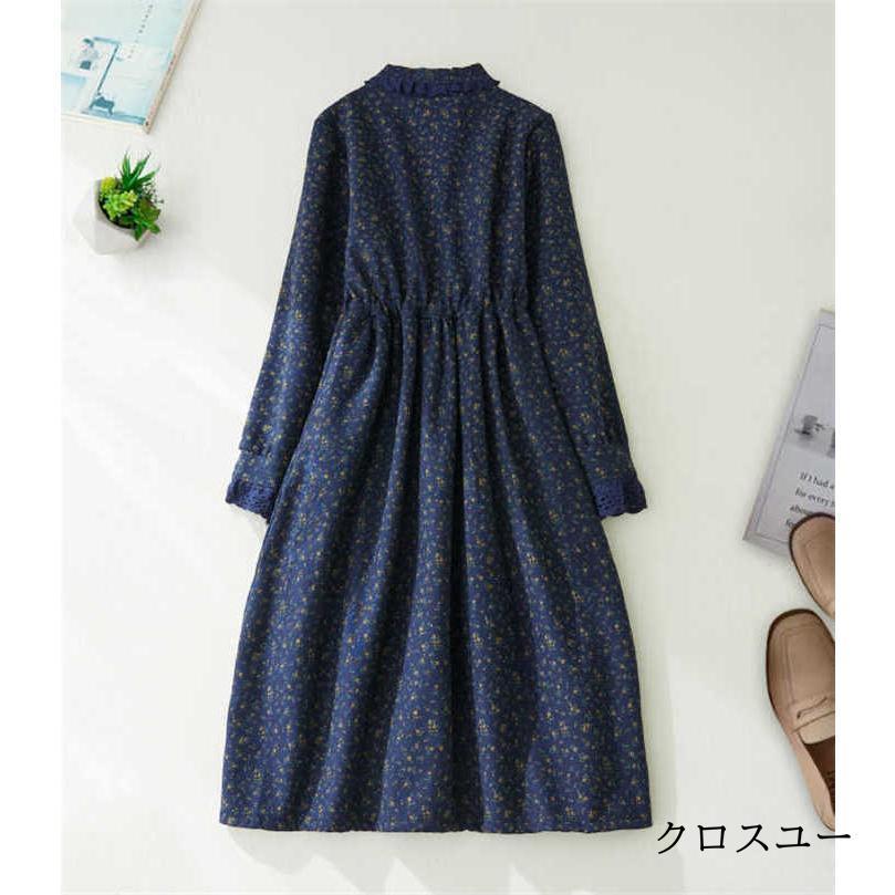 ワンピース レディース 裏ボア 厚手 ロング ワンピ 長袖 花柄 レース 切り替え ウエストマーク 紐 折り襟 秋 冬 プリント おしゃれ 体型カバー カジュ