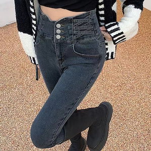 超ハイウエストジーンズ女性の秋冬2022年新モデル痩せ見えファッションペンシルフィットタイトレッグパンツ