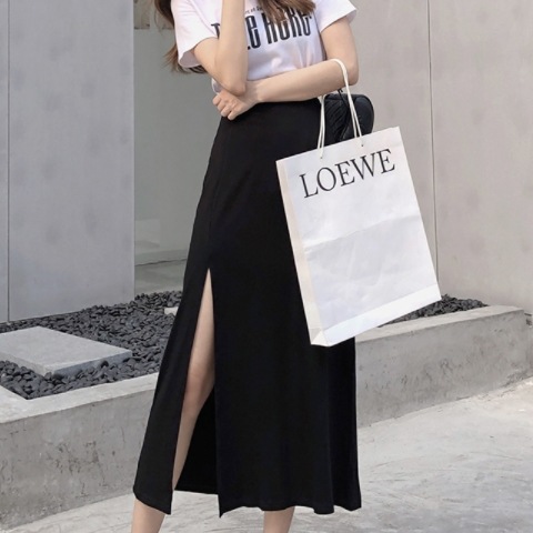 スカート 春夏 きれいめ スリットスカート ミモレ ミモレ丈 無地 黒 ブラック かわいい 大人可愛い きれいめ シンプル カジュアル XS S M L XL 2XL こなれ感 ラフ マニッシュ スポ