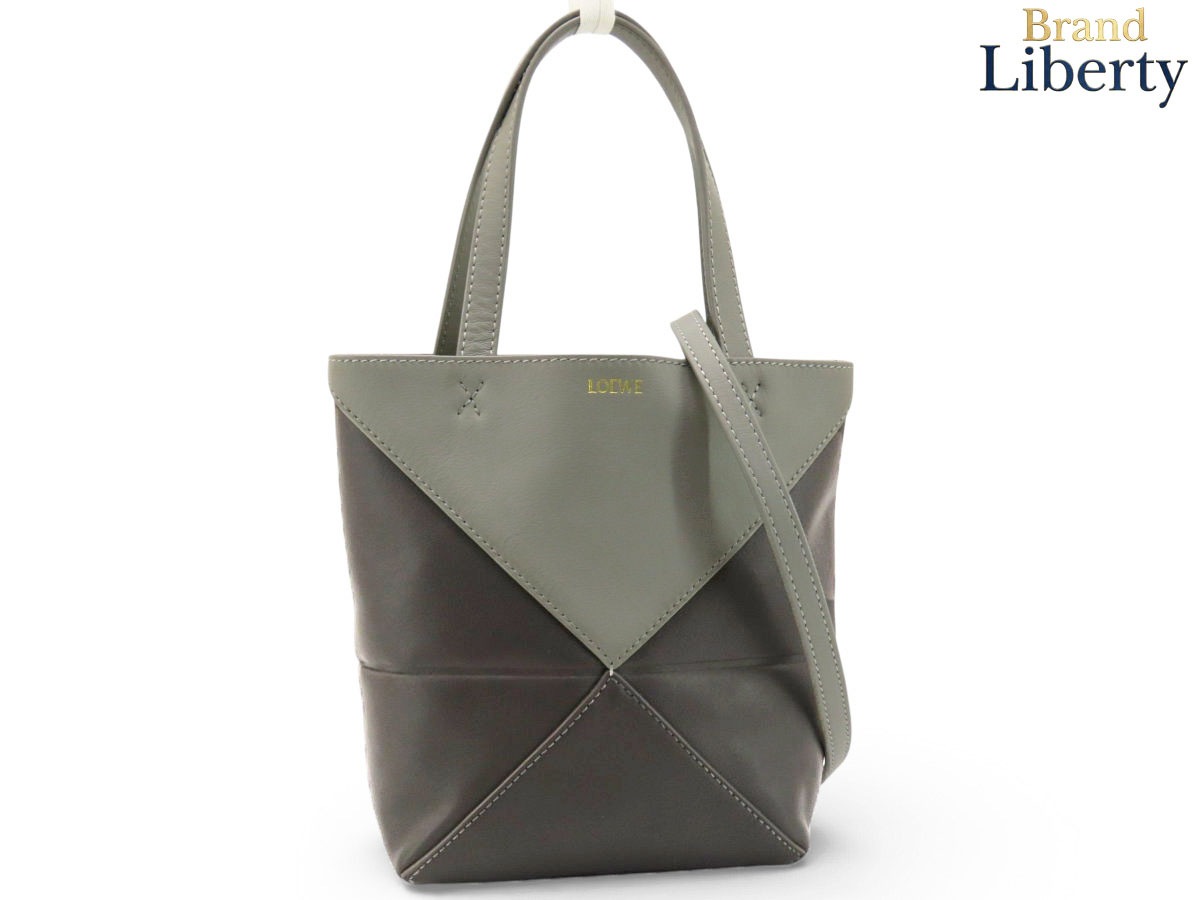美品ロエベLOEWEパズルフォルドトートミニ2WAYハンドバッグトートバッグショルダーバッグパールグレーダークグレーカーフレザーA779V2507