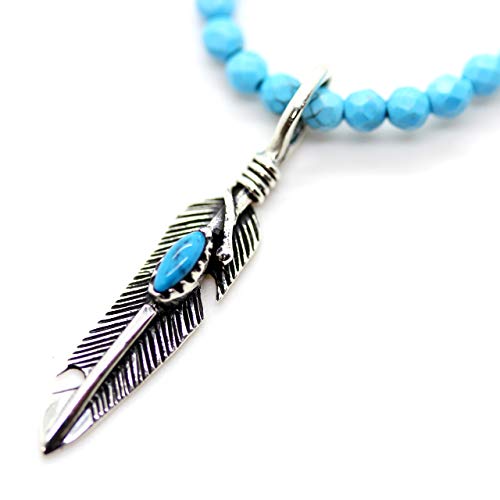 石輝ターコイズが入ったシルバー925フェザーペンダント付きカットターコイズネックレス[020ｒｎ]