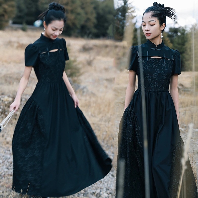 ロングワンピース マキシ丈 夏黒 半袖 改良チャイナドレス パーティードレス チャイナ風ワンピース