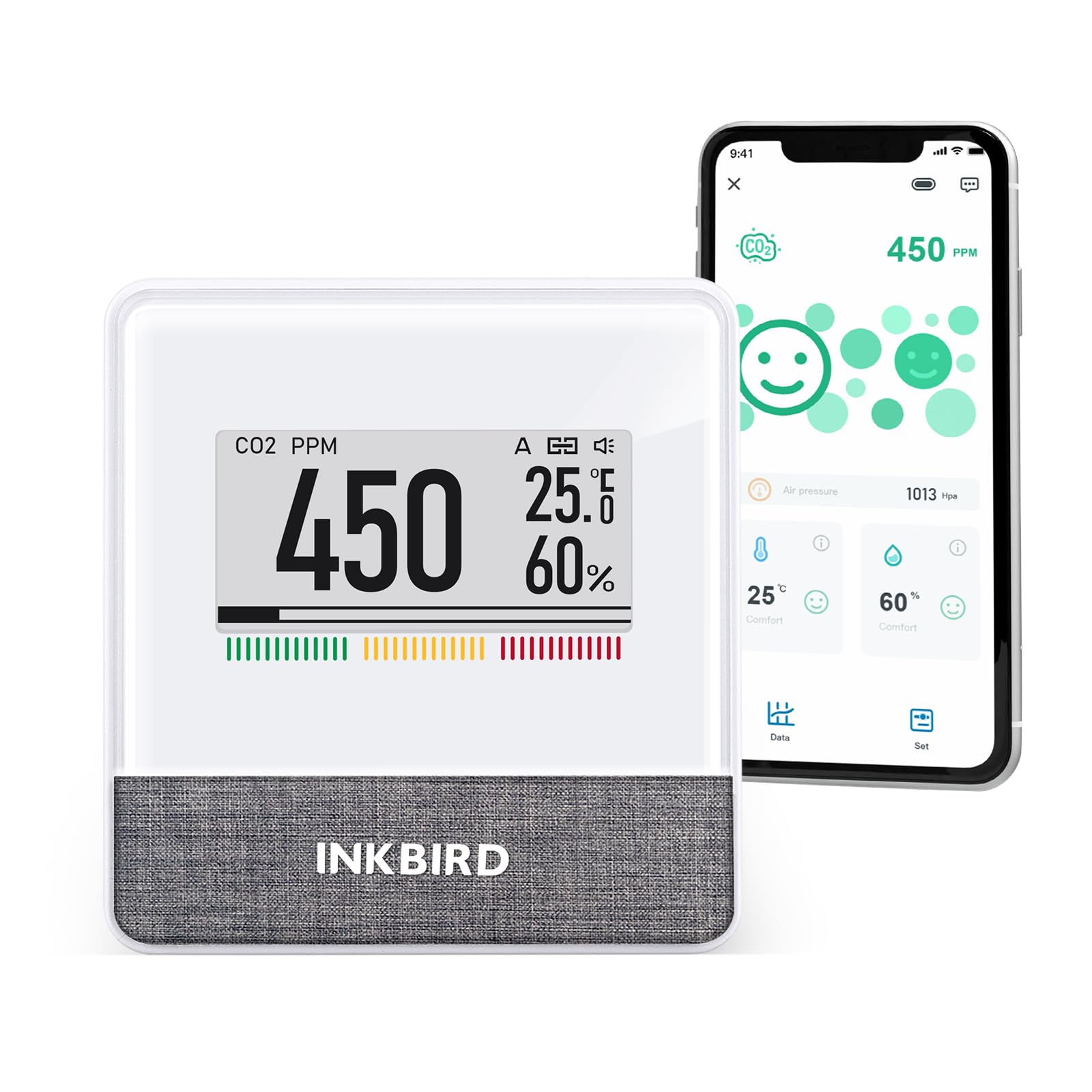 INKBIRD 二酸化炭素濃度計 温度湿度測定 Bluetooth対応 高精度 室内 スマート 空気質モニター NDIR方式 CO2センサー デジタル 温湿度計 気圧計 E-Inkディスプレイ大画面