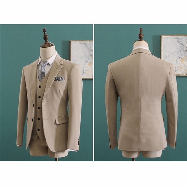 ビジネスフォーマルスーツセットビジネススーツ 3ピーススーツ スリーピーススーツ 紳士服 メンズ 結婚式 カーキ 男性スーツ 2ツボタン 春秋 メンズ大きいサイズおしゃれスーツ カーキ ジレベスト