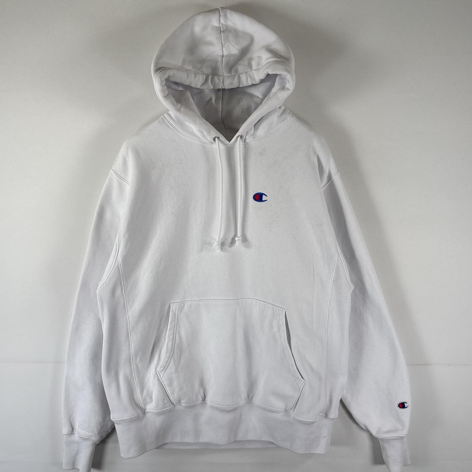 古着 パーカー リバースウィーブ プルオーバー フーディ スウェット ワンポイントロゴ刺繍 LARGE ホワイト メンズ