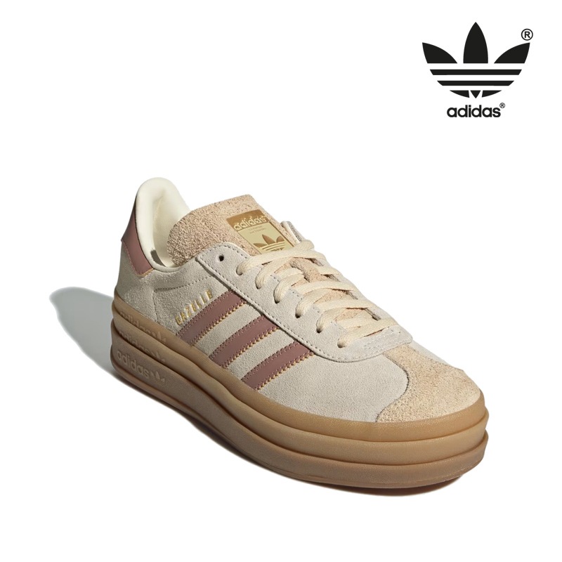 JS3893 GAZELLE BOLD クリームホワイトの3ストライプ 厚底プラットフォームの存在感 スエード調の柔らかさ ラバーソールで歩きやすい さらりと馴染む上品なムード ほどよい厚みで安定感