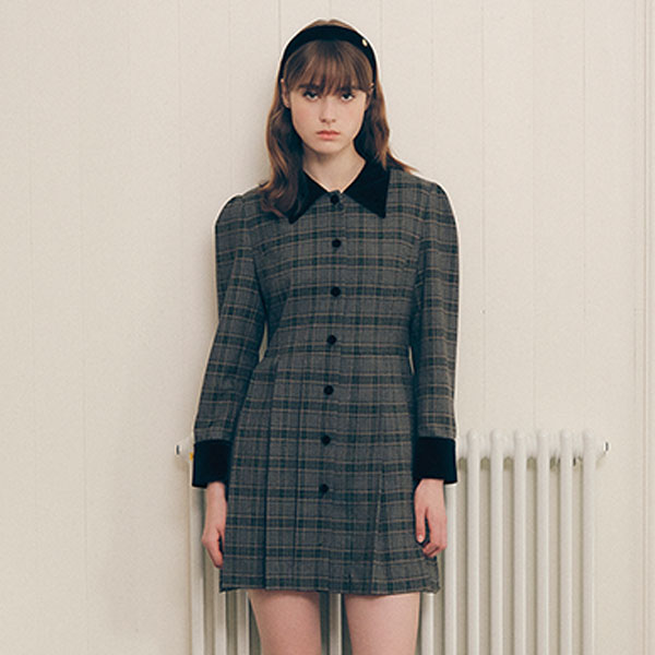 CHECK COLLAR PLEATS ONE-PIECE GRAY