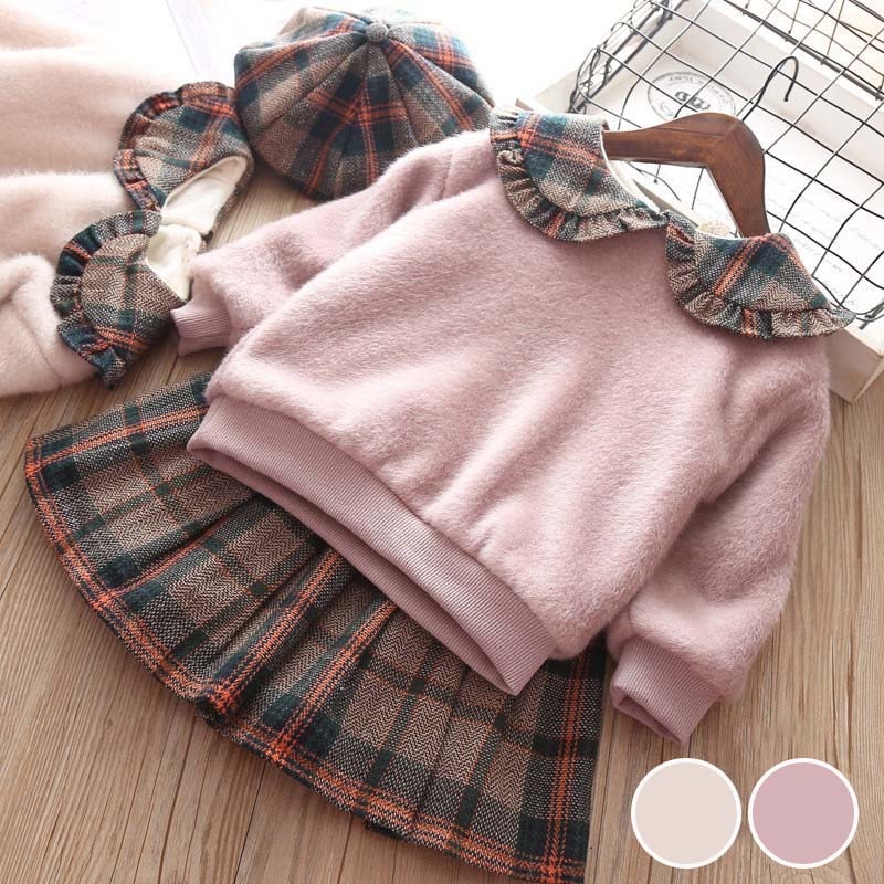 【即納】子供服 セットアップ セーター スカート チェック柄 冬服 ベビー 裏起毛 あつたか プリーツスカート 長袖 切り替え 厚手 ゆったり 女の子 キッズ こども 学園風 可愛い きれいめ //卒