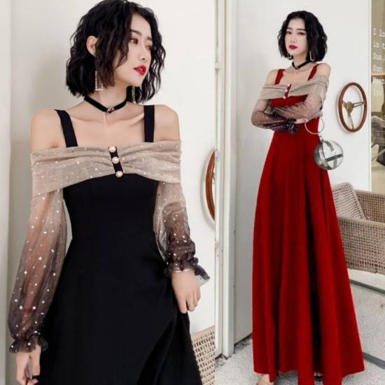 パーティードレス ロング ドレス 演奏会 結婚式 お呼ばれ 二次会 オフショル グラデーション おしゃれ かわいい フレア 透け感 黒 赤 個性的 ガーリー 10代 20代 春 秋 安い 5,158円