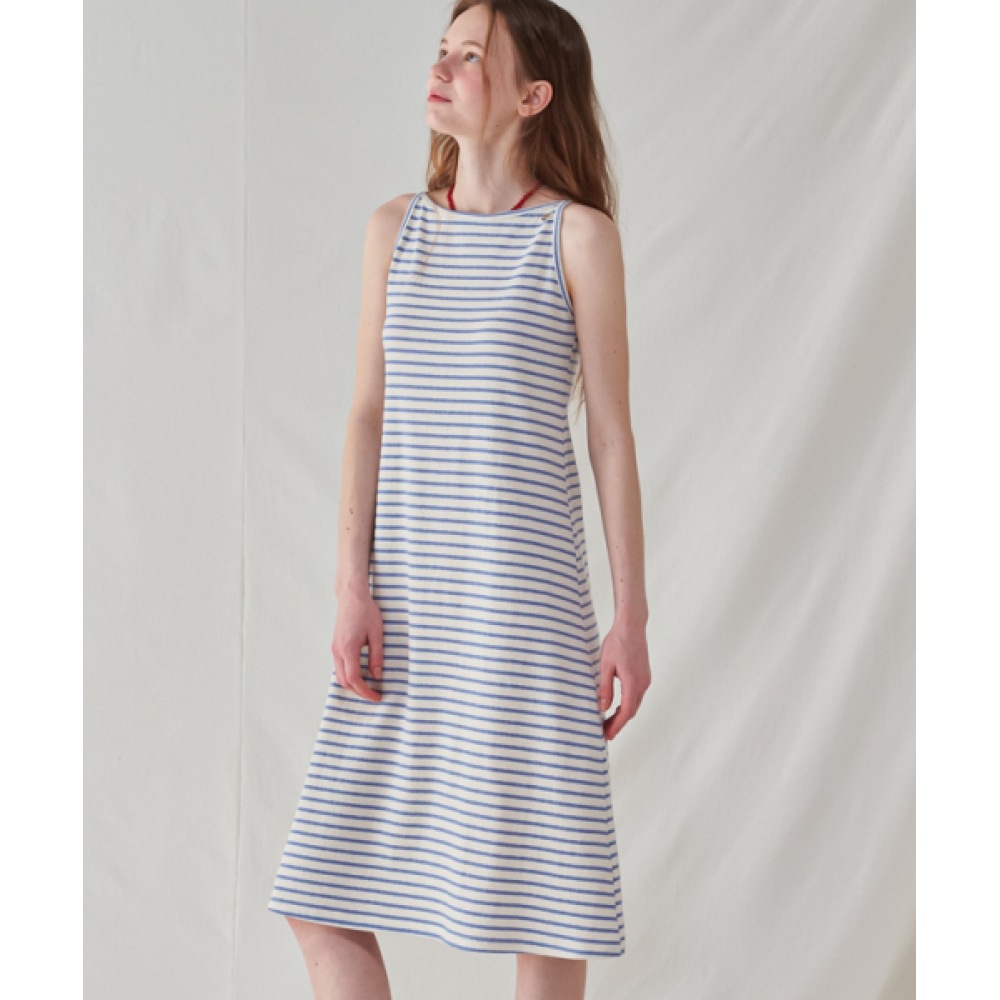 RONRON ボートネックスレースロングドレスブルーストラップ