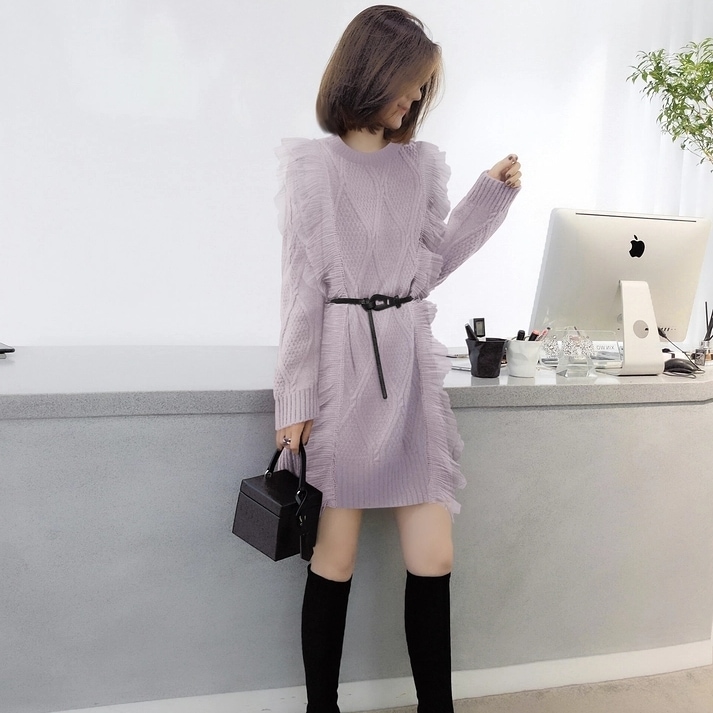 ワンピース レディース ニットワンピース ベルト付き S M L XL 韓国 ミニ丈 ショート丈 袖あり 長袖 ラウンドネック フリル かわいい 大人可愛い シンプル カジュアル 大人 おしゃれ