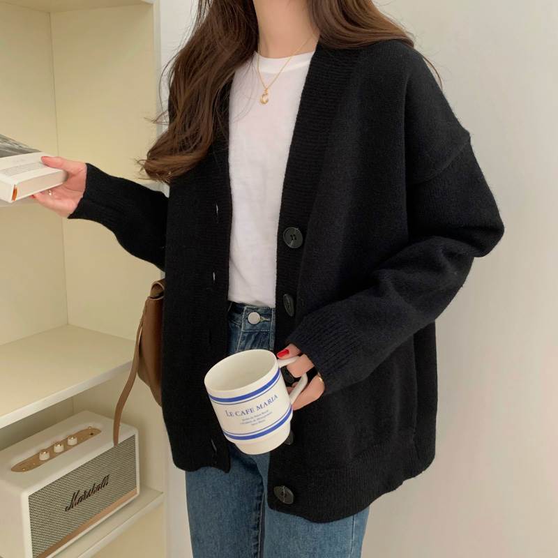 トップス カーディガン 袖あり 長袖 ドロップショルダー 萌袖 Vネック 襟なし ワイド 前開き ニット かわいい 大人可愛い シンプル カジュアル おしゃれ 大人女子 こなれ感 ラフ ルーズ 主役級